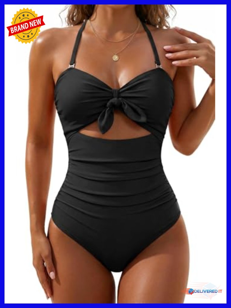 Cutout High Waisted One Piece Swimsuit With Tummy Control And Halter Tie Knot